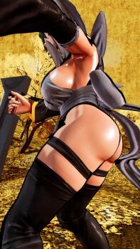 1girl 3d apron ass black_hair black_leotard breasts butt_crack curvy forest highleg highleg_leotard highres huge_ass iroha_(samurai_spirits) large_breasts leotard lips maid maid_headdress nature ryona samurai_spirits screencap shiny_skin short_hair sideboob skindentation solo thighhighs third-party_edit thong_leotard white_apron wide_hips