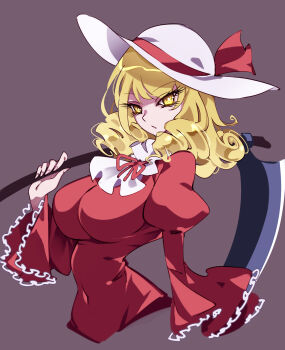 1girl blonde_hair breasts closed_mouth collar covered_navel curly_hair dress elly_(touhou) frilled_collar frilled_sleeves frills hat hat_ribbon highres holding holding_scythe long_eyelashes long_sleeves medium_hair neck_ribbon raptor7 red_dress red_ribbon ribbon scythe skin_tight touhou touhou_(pc-98) upper_body white_hat wide_sleeves yellow_eyes