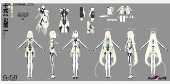 1girl a-pose armpit_cutout arms_at_sides black_gloves black_leotard blue_eyes boots border breast_curtains breasts center_opening chinese_commentary closed_mouth clothing_cutout color_guide copyright_name dress fingerless_gloves forever_7th_capital full_body gloved_sleeves gloves green_hair green_nails grey_background hair_between_eyes halo highres leotard leotard_under_clothes light_particles long_hair long_hair_between_eyes looking_at_viewer multiple_views nail_polish navel official_art open-toe_boots outside_border pointy_ears qian_shi_(forever_7th_capital) reference_sheet science_fiction see-through_clothes see-through_dress short_dress simple_background small_breasts solo spiked_halo standing straight-on tail thigh_boots turnaround turtleneck turtleneck_dress two-tone_gloves very_long_hair white_boots white_border white_dress white_gloves white_hair white_halo xiao_(ye_yiaoxi)