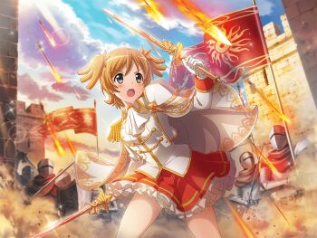 1girl 4others armor arrow_(projectile) ascot blush daiba_nana dual_wielding epaulettes fire flag game_cg gloves grey_eyes helm helmet holding holding_sword holding_weapon jacket long_sleeves multiple_others official_art open_mouth orange_hair red_skirt short_hair shoujo_kageki_revue_starlight shoujo_kageki_revue_starlight_-re_live- shoulder_armor single_epaulette skirt solo_focus standing sword two_side_up upper_body v-shaped_eyebrows weapon white_ascot white_gloves white_jacket