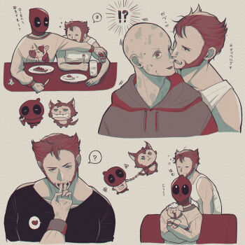!? 2boys ? animal animal_hug bald beard biting_another's_finger biting_nose bone brown_hair chain chain_leash chibi closed_eyes collar commentary_request couch cup deadpool deadpool_&amp;_wolverine deadpool_(series) doghooouse dogpool egg facial_hair fangs finger_in_another's_mouth food fork green_eyes heart hello_kitty highres holding holding_fork holding_knife hood hood_down hoodie knife leash long_sleeves looking_at_viewer male_focus marvel marvel mask multiple_boys muscular muscular_male on_couch open_mouth pectorals plate sanrio scar scars_all_over short_hair sitting spoken_heart spoken_question_mark table tank_top teeth too_many translation_request unicorn_print white_tank_top wolf_boy wolverine_(x-men) x-men yaoi zzz