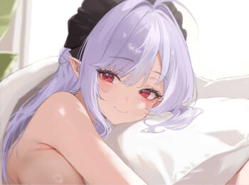 1girl armpit_crease blurry blurry_background blush breasts closed_mouth commentary_request headdress highres hugging_object indoors large_breasts looking_at_viewer mole mole_under_eye on_bed pillow pillow_hug pointy_ears pov_across_bed purple_hair red_eyes revision sihana156 smile solo under_covers vivian_banshee zenless_zone_zero