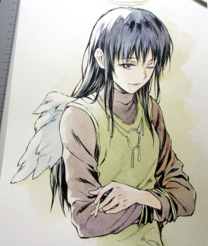 1girl agahari angel angel_wings black_eyes black_hair black_shirt cigarette commentary_request cropped_torso feathered_wings haibane_renmei halo holding holding_cigarette jewelry long_hair looking_at_viewer necklace one_eye_closed painting_(medium) parted_lips photo_(medium) reki_(haibane_renmei) shirt sidelocks smile solo tank_top traditional_halo traditional_media white_wings wings yellow_tank_top