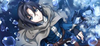 1boy black_gloves black_hair blue_eyes brown_cape cape closed_mouth code_geass code_geass:_lost_stories f4samurai game_cg gloves highres knightmare_frame looking_at_viewer mario_disel mecha official_art pendulum_(code_geass) robot short_hair solo