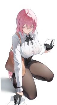 1girl absurdres bag black_bra black_pantyhose blush bra bra_visible_through_clothes braid breasts button_gap commentary glasses gloves half_gloves handbag high_heels highres holding holding_paper large_breasts long_hair mou5_ji3mei6 panties panties_under_pantyhose pantyhose pantyshot paper parted_lips picking_up pink_eyes pink_hair see-through_clothes see-through_shirt shirt simple_background single_braid solo squatting thighs tsukishiro_yanagi underwear upskirt white_background white_panties white_shirt zenless_zone_zero