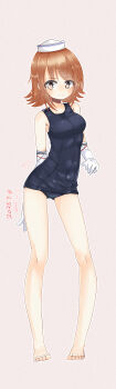 1girl absurdres arms_behind_back barefoot black_one-piece_swimsuit breasts brown_eyes brown_hair dixie_cup_hat elbow_gloves flipped_hair full_body gloves grey_background hat highres kantai_collection medium_breasts mf_u_c military_hat old_school_swimsuit one-piece_swimsuit richard_p._leary_(kancolle) school_swimsuit short_hair simple_background solo standing swimsuit white_gloves white_hat