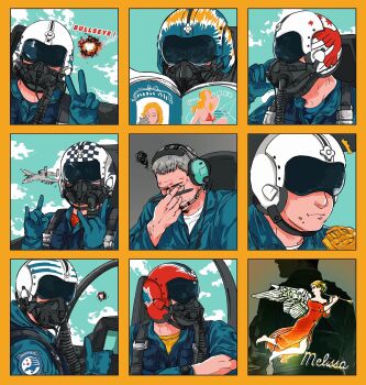 6+boys a-10_thunderbolt_ii ace_combat ace_combat_6 aircraft airplane ana_819 angel avalanche_(ace_combat) awacs cockpit eating emblem english_text f-15_eagle fighter_jet flight_suit food food_on_face g-suit ghost_eye helmet highres m/ magazine_(object) marcus_lampert military military_vehicle multiple_boys pie pilot pilot_helmet pilot_suit sky_kid_(ace_combat) snake_pit_(ace_combat) squiggle stingray_(ace_combat) talisman_(ace_combat) v windhover_(ace_combat)