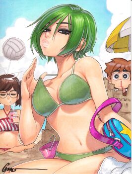 1boy 1girl 2girls ball beach bikini black_eyes blood breasts brown_hair bucket closed_eyes earrings green_bikini green_eyes green_hair highres jewelry julie_powers midriff multiple_girls navel nosebleed omar_dogan outdoors ramona_flowers sand_castle sand_sculpture scott_pilgrim scott_pilgrim_(series) short_hair single_earring small_breasts striped_bikini striped_clothes swimsuit thick_lips thighs volleyball_(object)