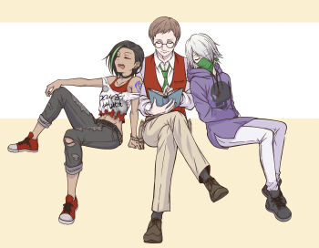 Rule 34 | 1111 (dka vv), 1girl, 2boys, absurdres, agatha flattz, bandana, bandana over mouth, black hair, book, brown hair, choker, cross, cross necklace, dark-skinned female, dark skin, glasses, green necktie, grey hair, hair over one eye, highres, higyaku no noel, holding, holding book, hood, hoodie, jewelry, lauro maestri, multicolored hair, multiple boys, necklace, necktie, off-shoulder shirt, off shoulder, purple hoodie, red vest, shirt, short hair, smile, spiked choker, spikes, streaked hair, vest, zoe taska