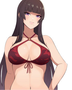 1girl black_hair blunt_bangs bra breasts dead_or_alive highres hime_cut konishiki_(52siki) long_hair looking_at_viewer mole mole_under_mouth nyotengu purple_eyes red_bra smile solo underwear upper_body white_background