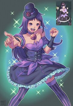 1girl ariamikukanzaki bare_shoulders bell boruto:_naruto_next_generations breasts cleavage clenched_hand collar commentary detached_sleeves dress feet_out_of_frame flower hat hat_flower highres jingle_bell kakei_sumire long_hair medium_breasts naruto_(series) open_mouth pointing pointing_at_viewer purple_collar purple_dress purple_eyes purple_hair purple_thighhighs reference_inset signature smile solo sparkle striped_clothes striped_thighhighs thighhighs top_hat vertical-striped_clothes vertical-striped_thighhighs