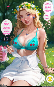 1girl absurdres aroma_sensei bare_shoulders blonde_hair blue_bra blue_eyes blush body_freckles bra breasts buttons cake cleavage clothes_pull collarbone daisy_(flower) earrings english_text eyeshadow flower food freckles haley_(stardew_valley) head_wreath heart highres jewelry large_breasts lips long_hair makeup necklace open_clothes open_shirt outdoors pulling_own_clothes see-through_clothes sideboob skirt smile solo stardew_valley underwear undressing wavy_hair