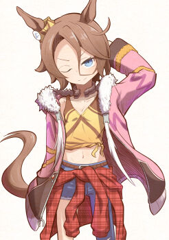 1girl absurdres animal_ears arm_behind_head asymmetrical_clothes asymmetrical_pants bare_shoulders belt blue_eyes brown_hair clothes_around_waist commentary_request cowboy_shot cowlick denim ear_ornament flannel flat_chest forehead fur-trimmed_jacket fur_trim hair_between_eyes highres horse_ears horse_girl horse_tail horseshoe jacket jacket_around_waist jeans long_hair long_sleeves looking_at_viewer midriff narita_taishin_(nevertheless)_(umamusume) narita_taishin_(umamusume) navel one_eye_closed open_clothes open_jacket pants parted_bangs pink_jacket plaid_clothes plaid_jacket shirt short_hair simple_background single_pantsleg solo standing tail tank_top tea76225914 tied_shirt torn_clothes torn_jeans torn_pants umamusume v-neck v-shaped_eyebrows white_background yellow_shirt yellow_tank_top