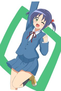 1girl ;d arm_up black_hair black_skirt black_socks blue_jacket blush clenched_hand collared_shirt commentary_request dutch_angle foot_out_of_frame green_eyes hair_between_eyes hair_ribbon hand_up happy hayate_no_gotoku! highres jacket kneehighs long_sleeves looking_at_viewer miniskirt neck_ribbon nishizawa_ayumu one_eye_closed open_mouth pleated_skirt red_ribbon ribbon school_uniform shirt shoes short_hair simple_background skirt smile socks solo standing standing_on_one_leg twintails warm_sheep white_background white_shirt yellow_shoes