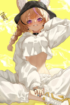 Rule 34 | 1girl, alternate costume, animal ears, arm behind head, black hat, black streaks, blonde hair, blue nails, blush, braid, breasts, bucket hat, club earrings, commentary, cropped hoodie, earrings, ears through headwear, facial mark, fox ears, fox girl, grin, hat, heart, heart-shaped pupils, highres, hololive, hood, hoodie, huge breasts, indian style, jewelry, large breasts, long hair, long sleeves, looking at viewer, midriff, mismatched earrings, multicolored hair, multicolored nails, nail polish, omaru polka, pants, pink streaks, pinky ring, purple eyes, red nails, shoes, sitting, smile, solo, spade (shape), spade earrings, stomach, streaked hair, symbol-shaped pupils, takotobuta, twin braids, two-tone nails, untranslatable commentary, virtual youtuber, white hoodie, white pants, white shoes, yellow background