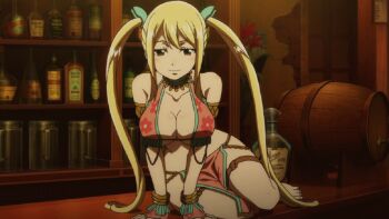 1girl animated animated_gif barefoot bikini blonde_hair breasts fairy_tail feet floral_pattern gemini_(fairy_tail) harem_outfit large_breasts long_hair lucy_heartfilia official_art seductive_smile smile swimsuit twintails