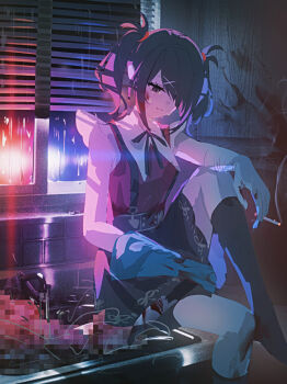 1girl absurdres ame-chan_(needy_girl_overdose) black_eyes black_hair black_ribbon black_skirt black_thighhighs blood blood_on_clothes blood_on_leg bloody_knife blue_gloves censored cigarette commentary gloves hair_ornament hair_over_one_eye highres holding holding_cigarette holding_knife indoors junpaku_karen kitchen knife long_hair mosaic_censoring neck_ribbon needy_girl_overdose red_shirt ribbon scar scar_on_arm self-harm self-harm_scar shirt single_glove skirt solo suspender_skirt suspenders tears thighhighs twintails x_hair_ornament