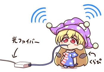 1girl american_flag american_flag_dress american_flag_legwear american_flag_print arrow_(symbol) blonde_hair blush blush_stickers chibi clownpiece commentary_request dress fairy fairy_wings flag_print hat highres jester_cap long_hair neck_ruff pantyhose polka_dot polka_dot_headwear purple_hat red_eyes shitacemayo short_sleeves simple_background solo star_(symbol) star_print striped_clothes striped_dress striped_pantyhose touhou translation_request transparent_wings very_long_hair white_background wings