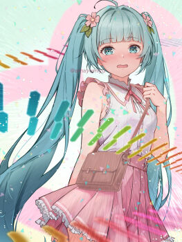 1girl ahoge amayomiyu aqua_eyes bag blue_hair blunt_bangs blush commentary cowboy_shot emphasis_lines fang flower_hairpin frilled_shirt frilled_skirt frills hair_intakes hatsune_miku looking_at_viewer melt_(vocaloid) neck_ribbon open_mouth piano_keys pink_ribbon pink_skirt pleated_skirt rainbow_order ribbon shirt shoulder_bag single_tooth skirt sleeveless solo twintails twitter_username vocaloid white_shirt