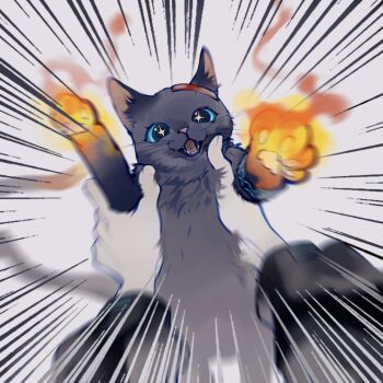 +_+ 1other animal animal_focus animalization arknights black_cat blaze_(arknights) blue_eyes cat chinese_commentary commentary_request emphasis_lines fire flaming_hand highres holding holding_animal holding_cat looking_at_viewer missyouyouzi open_mouth out_of_frame smile