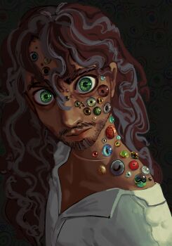 1boy aqua_eyes beard blue_eyes body_horror brown_eyes brown_hair cephalopod_eyes closed_mouth dark-skinned_male dark_skin design_speculation extra_eyes facial_hair green_eyes grey_eyes grey_hair hazel_eyes highres jonathan_sims lips long_hair looking_at_viewer male_focus mustache nose raizraisanpc red_eyes scar scar_on_neck shirt slit_pupils the_magnus_archives too_many_eyes upper_body wavy_hair wide-eyed yellow_eyes