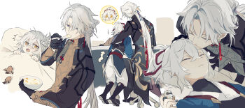 2boys aged_down alternate_costume blade_(honkai:_star_rail) chibi chinese_clothes chinese_text closed_eyes hair_over_one_eye hair_ribbon highres honkai:_star_rail honkai_(series) jing_yuan kiss kissing_forehead long_hair lying male_focus mississipping multiple_boys multiple_views on_back open_mouth ponytail red_ribbon ribbon simple_background sleeping white_background white_hair yaoi yellow_eyes