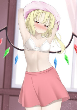 1girl absurdres angry arms_up blonde_hair blurry blurry_background blush bra breasts closed_mouth collarbone commentary_request cowboy_shot crystal crystal_wings embarrassed eyelashes flandre_scarlet frown hair_between_eyes highres indoors light_particles long_hair looking_at_viewer miniskirt navel nose_blush one_side_up paid_reward_available red_eyes red_skirt skirt slit_pupils small_breasts solo stomach sweatdrop szl touhou underwear undressing v-shaped_eyebrows variant_set white_bra wings
