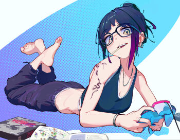 1girl absurdres barbell_piercing barefoot black_pants blue_nails bracelet breasts controller ear_piercing feet game_controller glasses gradient_background gradient_hair hair_bun halftone halftone_background highres holding holding_controller holding_game_controller industrial_piercing jewelry lollipop_in_mouth looking_at_viewer lying midriff multicolored_hair nail_polish necklace nintendo nintendo_64_controller on_stomach original pants piercing pink_nails qu_uo ring shoulder_tattoo sidelocks small_breasts soles solo tattoo teeth the_legend_of_zelda the_pose toenail_polish toenails toes upper_teeth_only video_game white_background yellow_eyes