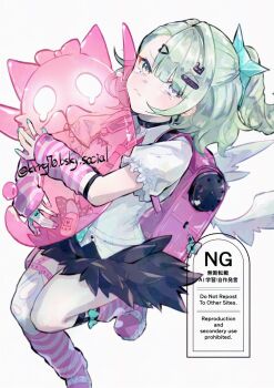 Rule 34 | 1girl, aqua nails, arm warmers, bandaid, bandaid hair ornament, black skirt, closed mouth, collar, earrings, fur-trimmed skirt, fur trim, green eyes, green hair, hair ornament, hashtag-only commentary, heart, heart hair ornament, highres, holding, jewelry, krrg70, leg up, leg warmers, looking at viewer, multicolored nails, multiple hair clips, multiple rings, multiple thigh straps, musical note earrings, pink arm warmers, pink bag, pink leg warmers, pink nails, ponytail, ring, shirt, simple background, skirt, striped arm warmers, striped leg warmers, sunna (zenless zone zero), tears, thigh strap, white background, white shirt, white wings, winged bag, wings, zenless zone zero