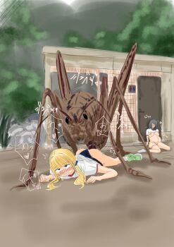 1boy 2girls after_vaginal ass bestiality black_hair blonde_hair blush breasts bug bulge cum cum_in_pussy giant_insect gym_uniform inflation japanese_text lying medium_breasts medium_hair multiple_girls open_mouth original prone_bone red_eyes sex sex_from_behind sitting speech_bubble stomach_bulge tekeno top-down_bottom-up twintails vaginal