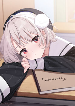 1girl black_hat black_jacket blurry blurry_background commentary_request desk grey_hair hair_ornament hat highres indoors jacket long_sleeves looking_at_viewer pinstripe_jacket pinstripe_pattern pom_pom_(clothes) pom_pom_hair_ornament red_eyes sailor_collar school_desk school_uniform shigure_ui short_hair sleeve_cuffs sleeves_past_wrists solo ui_(voisona) voisona white_sailor_collar