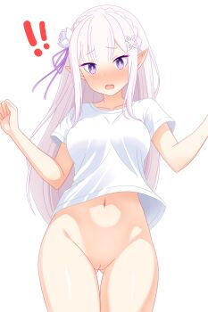 1girl absurdres arms_up blush bottomless braid breasts cleft_of_venus collarbone commentary_request cowboy_shot dullahan_(alekey_art) elf emilia_(re:zero) floating_hair flower gluteal_fold hair_flower hair_ornament hair_ribbon highres hip_bones large_breasts long_hair navel open_mouth pointy_ears purple_eyes pussy re:zero_kara_hajimeru_isekai_seikatsu ribbon rose shirt short_sleeves sidelocks simple_background solo surprised thick_thighs thighs uncensored upper_body white_background white_flower white_hair white_rose white_shirt