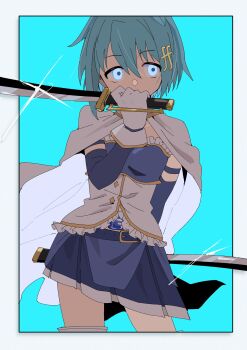 1girl backlighting blue_background blue_eyes blue_hair blue_skirt blue_sleeves border cape commentary_request cowboy_shot detached_sleeves diffraction_spikes dual_wielding fortissimo frilled_shirt frills gloves hair_ornament highres holding holding_sword holding_weapon looking_to_the_side mahou_shoujo_madoka_magica miki_sayaka miki_sayaka_(magical_girl) musical_note musical_note_hair_ornament nekoma_hikaru shirt short_hair simple_background skirt solo stomach_jewel sword weapon white_border white_cape white_gloves white_shirt