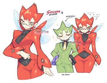 ... 1boy 1girl alternate_color arthropod_girl black-framed_eyewear black_flower black_rose black_shirt character_name closed_eyes collared_shirt expressionless flower formal_clothes gen_2_pokemon gen_3_pokemon glasses green_hair green_pants green_suit half-closed_eyes hands_on_own_hips highres humanization insect_wings jacket long_sleeves mole mole_under_eye multiple_views nintendo open_mouth pants pokemon purple_flower purple_rose rectangular_eyewear red_hair red_jacket red_pants red_suit rose roselia_(pokemon) scizor semi-rimless_eyewear shiny_pokemon shirt short_eyebrows short_hair sleeves_past_wrists smile solo_focus spiked_hair spoken_ellipsis sprayjea suit suit_jacket u_u wings yellow_eyes