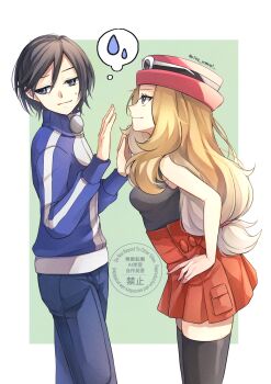 Rule 34 | 1boy, 1girl, black hair, black thighhighs, blonde hair, blue eyes, blue jacket, breasts, calem (pokemon), closed mouth, commentary request, eyewear on headwear, grey eyes, hat, highres, jacket, long hair, long sleeves, nintendo, pants, pink hat, pokemon, pokemon xy, red hat, red skirt, serena (pokemon), shirt, short hair, skirt, sleeveless, sleeveless shirt, smile, sunglasses, thighhighs, white-framed eyewear, yomogi (black-elf)