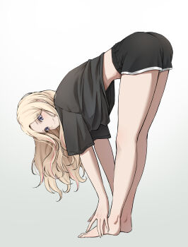 1girl absurdres ass bare_legs barefoot bent_over black_shirt black_shorts blonde_hair blue_eyes closed_mouth daiko_(dai1974910) from_side full_body gakuen_idolmaster highres idolmaster juo_sena looking_at_viewer looking_to_the_side multicolored_hair pink_hair shirt short_sleeves shorts simple_background smile solo standing streaked_hair stretching two-tone_hair white_background