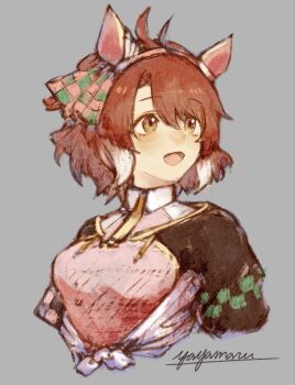 1girl ahoge animal_ears blush bow breasts brown_eyes brown_hair checkered_ribbon dantsu_flame_(center_spotlight)_(umamusume) dantsu_flame_(umamusume) ear_covers ear_ornament ear_ribbon hair_between_eyes highres horse_ears horse_girl large_breasts multicolored_hair occhahoi open_mouth shirt simple_background smile solo tied_shirt umamusume umamusume:_beginning_of_a_new_era white_hair yayamarublog