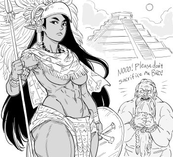 1boy 1girl abs architecture aztec bb_(baalbuddy) beard braid braided_beard breasts closed_mouth commentary dark-skinned_female dark_elf dark_skin dwarf elf english_commentary english_text facial_hair greyscale highres holding holding_polearm holding_shield holding_spear holding_weapon large_breasts loincloth long_beard long_hair looking_at_viewer mesoamerican_architecture monochrome muscular muscular_female navel original pelvic_curtain pointy_ears polearm shield simple_background spear sun thick_thighs thighs underboob weapon white_background wide-eyed wristband ziggurat