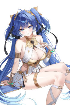 1girl absurdres ahoge aillatoste ancient_greek_clothes armlet bare_shoulders blue_eyes blue_hair blush breasts bridal_gauntlets commentary feet_out_of_frame gold_bra gradient_hair greco-roman_clothes hand_up highres iuno_(wuthering_waves) jewelry large_breasts laurel_crown long_hair looking_at_viewer multicolored_hair parted_lips simple_background single_bridal_gauntlet sitting smile solo streaked_hair thighlet thighs twintails vambraces very_long_hair white_background white_bridal_gauntlets wuthering_waves