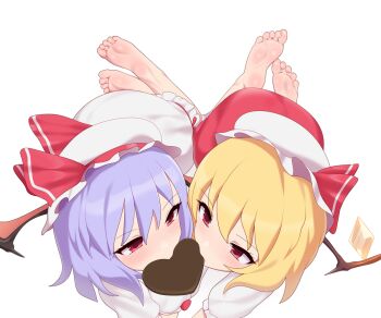 Rule 34 | 2girls, all fours, barefoot, blonde hair, blush, bonnet, candy, chocolate, chocolate heart, dress, feet, female focus, flandre scarlet, heart, maidforge, mouth hold, multiple girls, paid reward available, purple hair, red dress, red eyes, remilia scarlet, short hair, siblings, simple background, sisters, soles, toes, touhou, white background, white dress
