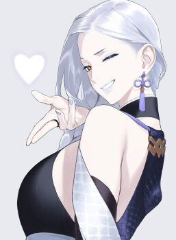 1girl blowing_kiss breasts commentary_request earrings fate/grand_order fate_(series) from_side grey_background grey_hair grey_nails heart hebi_nyoubou_(fate) hebi_nyoubou_(first_ascension)_(fate) highres jewelry large_breasts long_hair nakuta official_artist_extra one_eye_closed scale_print smile tassel tassel_earrings yellow_eyes