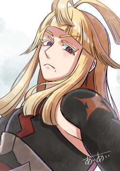 1boy absurdres aiai_(mtkw2488) blonde_hair frown highres ivor_(pokemon) long_hair looking_at_viewer male_focus mole mole_under_mouth nintendo pokemon pokemon_legends:_z-a red_eyes solo upper_body