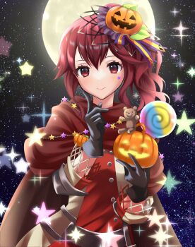 1girl anna_(fire_emblem) anna_(fire_emblem)_(cosplay) anna_(fire_emblem_engage) black_gloves cape cosplay finger_to_cheek fire_emblem fire_emblem_awakening fire_emblem_engage fire_emblem_heroes food-themed_hair_ornament full_moon gloves hair_ornament highres jack-o'-lantern jack-o'-lantern_ornament kakiko210 looking_at_viewer moon night nintendo official_alternate_costume official_art ponytail pump pumpkin_hair_ornament red_cape red_eyes red_hair sky smile star_(sky) star_(symbol) star_sticker starry_sky sticker sticker_on_face