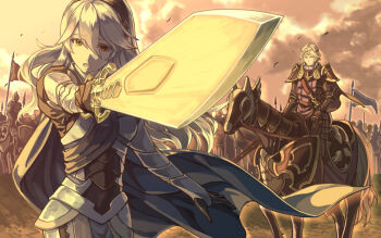 1boy 1girl armor black_hairband brown_eyes cape female_corrin_(fire_emblem) fire_emblem fire_emblem_fates flag floating_hair grey_cape hair_between_eyes hairband heterochromia holding holding_sword holding_weapon horse long_hair looking_at_viewer mooncanopy nintendo open_mouth outdoors pauldrons red_eyes riding shoulder_armor silver_hair sword very_long_hair weapon xander_(fire_emblem)