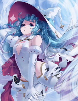 1girl absurdres aqua_eyes aqua_hair arm_up bodysuit broom broom_riding cleavage_cutout clothing_cutout elbow_gloves gloves goodsmile_company goodsmile_racing gradient_hair hatsune_miku highres hoishere7 long_hair looking_at_viewer multicolored_hair official_alternate_costume official_alternate_hairstyle open_mouth racing_miku racing_miku_(2024) riding twintails very_long_hair vocaloid white_bodysuit witch