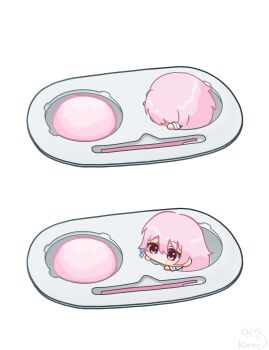 1girl artist_name blue_eyes chibi derivative_work food highres honkai:_star_rail honkai_(series) kuroiiart long_hair long_sleeves march_7th_(honkai:_star_rail) mochi multicolored_eyes multiple_views peeking pink_eyes pink_hair sequential shirt signature simple_background two-tone_eyes white_background white_shirt