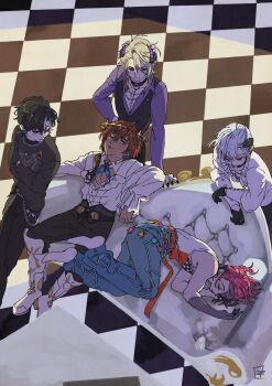 5boys absurdres black_gloves brown_hair cassian_floros couch crossed_arms demon_boy first_stage_production flevyellow gale_galleon gloves highres horns leaning_on_object long_sleeves lucien_lunaris lying male_focus multiple_boys rosco_graves sitting sleeping zander_netherbrand