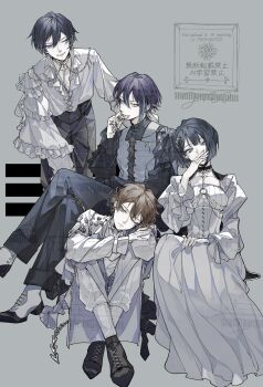 Rule 34 | 1girl, 3boys, ;d, absurdres, akuma no odorikata (vocaloid), april fools, black hair, black pants, black shoes, blue eyes, boots, breasts, brown hair, collarbone, commentary, covering own mouth, crossed legs, dress, frilled shirt, frilled sleeves, frills, green eyes, green hair, grey background, hand over own mouth, highres, jtei, juliet sleeves, kaito (vocaloid), kamishiro rui, kiritani haruka, leaning forward, long dress, long hair, long sleeves, medium breasts, multiple boys, one eye closed, open mouth, pants, pleated dress, project sekai, puffy sleeves, purple hair, shinonome akito, shirt, shoes, short hair, simple background, sitting, smile, standing, symbol-only commentary, too many watermarks, vivid bad squad kaito, vocaloid, watermark, white boots, white dress, white pants, yellow eyes