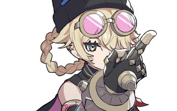 1girl absurdres bare_shoulders black_hat blonde_hair braid braided_hair_rings commentary eyewear_on_head genshin_impact hair_rings hat highres jahoda_(genshin_impact) pointing sakana_(fishchunk) short_hair simple_background solo sunglasses upper_body white_background
