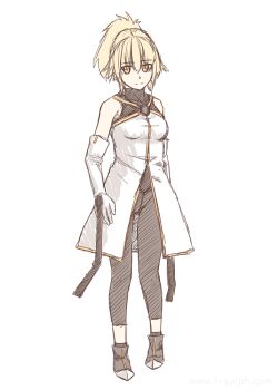 1girl bare_shoulders black_leggings blonde_hair boots breasts elbow_gloves gloves high_ponytail leggings non-web_source original ponytail r-sylph sherry_(r-sylph) simple_background small_breasts solo white_background yellow_eyes